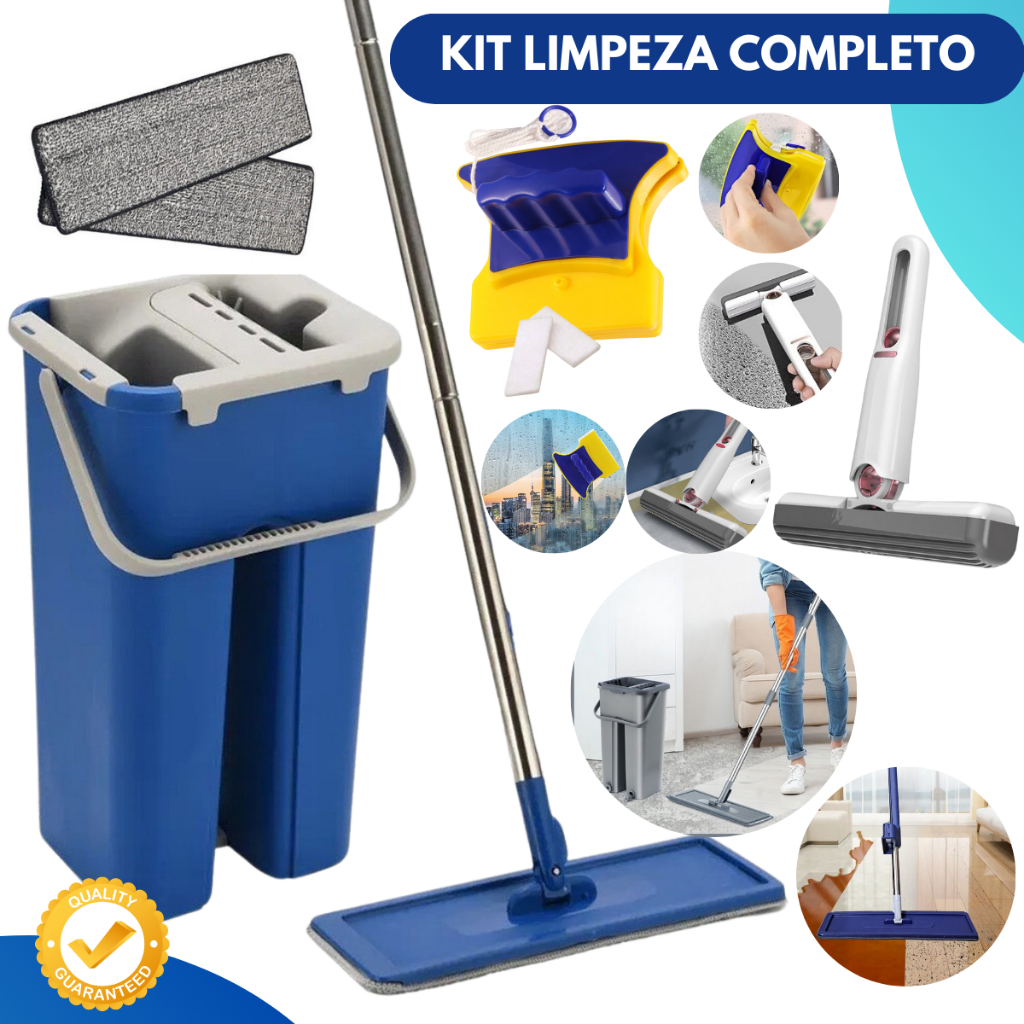 Rodo MOP Limpeza Esfregão Flat com Balde Lava Seca Profissional + Limpa Vidros Magnético + Mini Mop