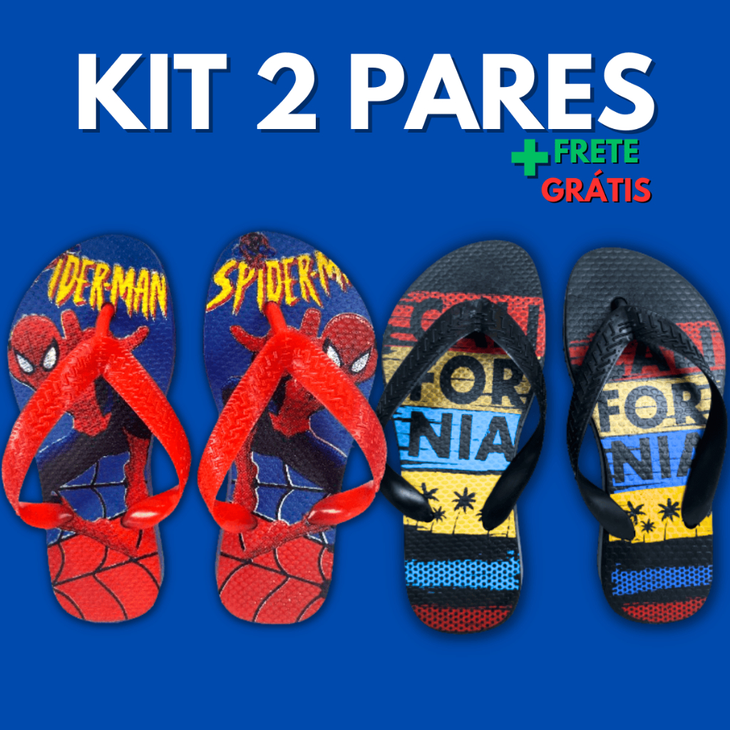 Kit 2 Pares Chinelo Sandália Masculino Infantil Calçado Menino Chinela Confortável Estampas Heróis Promoção Barato Verão