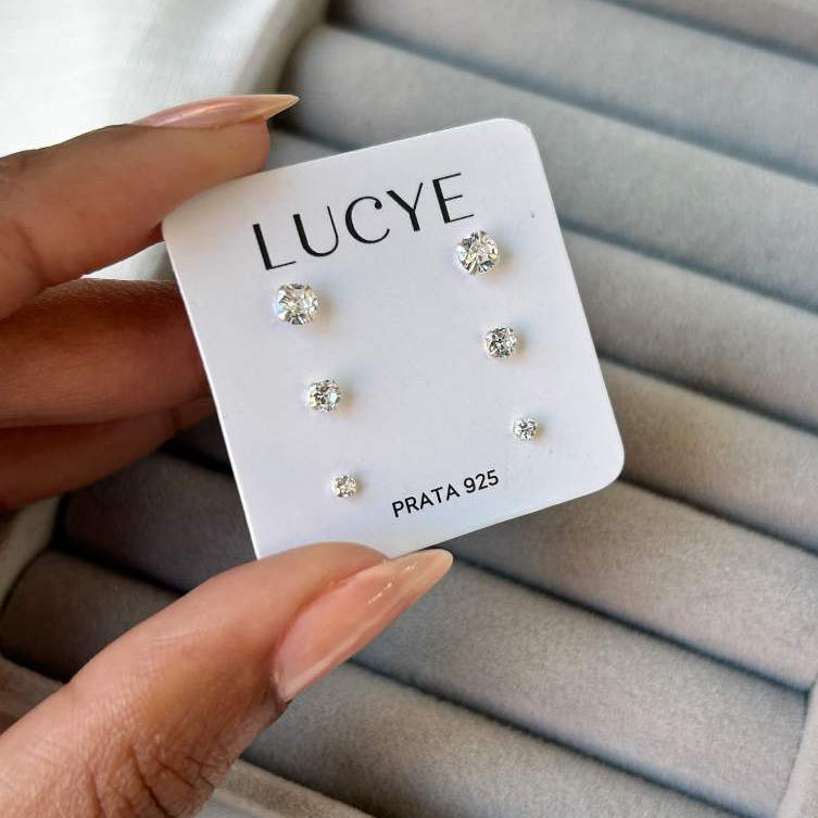 Kit de Brincos 3 furos Prata 925 Zircônia Redonda em Oferta na Shopee