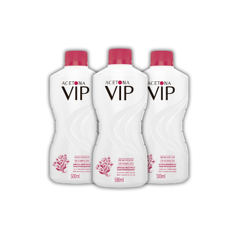 Kit com 3 unidade  Acetona Vip - Removedor de Esmaltes 500ml Hiporalergênico Profissional