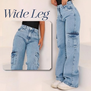 Calça Wide Leg CARGO Jeans Feminina Cintura Alta pantalona em Oferta na Shopee