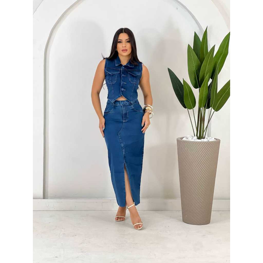 Conjunto Jeans Feminino lycra com colete e saia longa estilo midi tubinho com fenda frontal em Oferta na Shopee