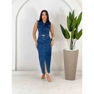 Conjunto Jeans Feminino lycra com colete e saia longa estilo midi tubinho com fenda frontal em Oferta na Shopee