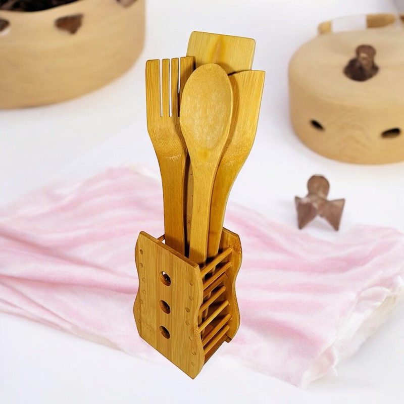 Kit p/cozinha 5 peças bambu com suporte Espátula Garfo Colher