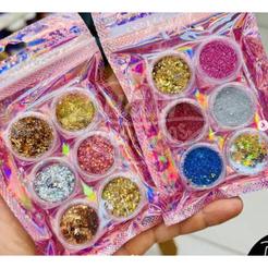 Kit 6 Glitter Fantasia para Carnaval Flocado Cascata Para Decoração De Unhas colorido brilhante