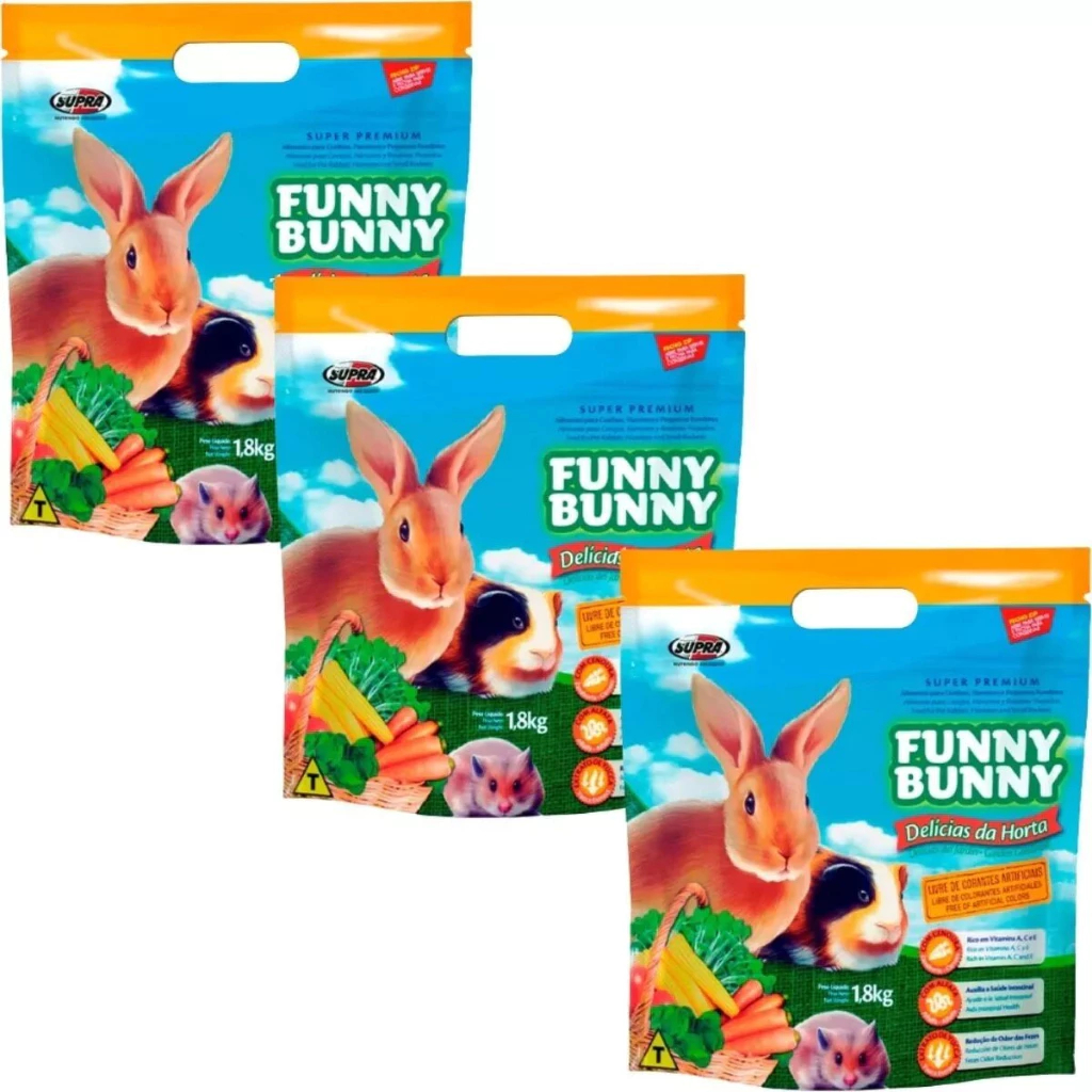 Kit 3 sacos Ração Funny Bunny Delícias Da Horta Coelho Roedores 1,8 kg