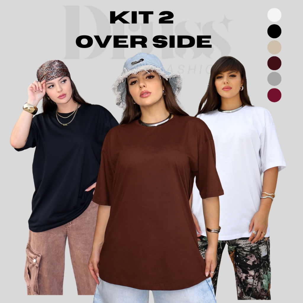 KIT 2 CAMISETAS FEMININA T-shirt Oversized Basica Reta Larga Estilo Rua Streetwear Casual Fio 30.1 Penteado
