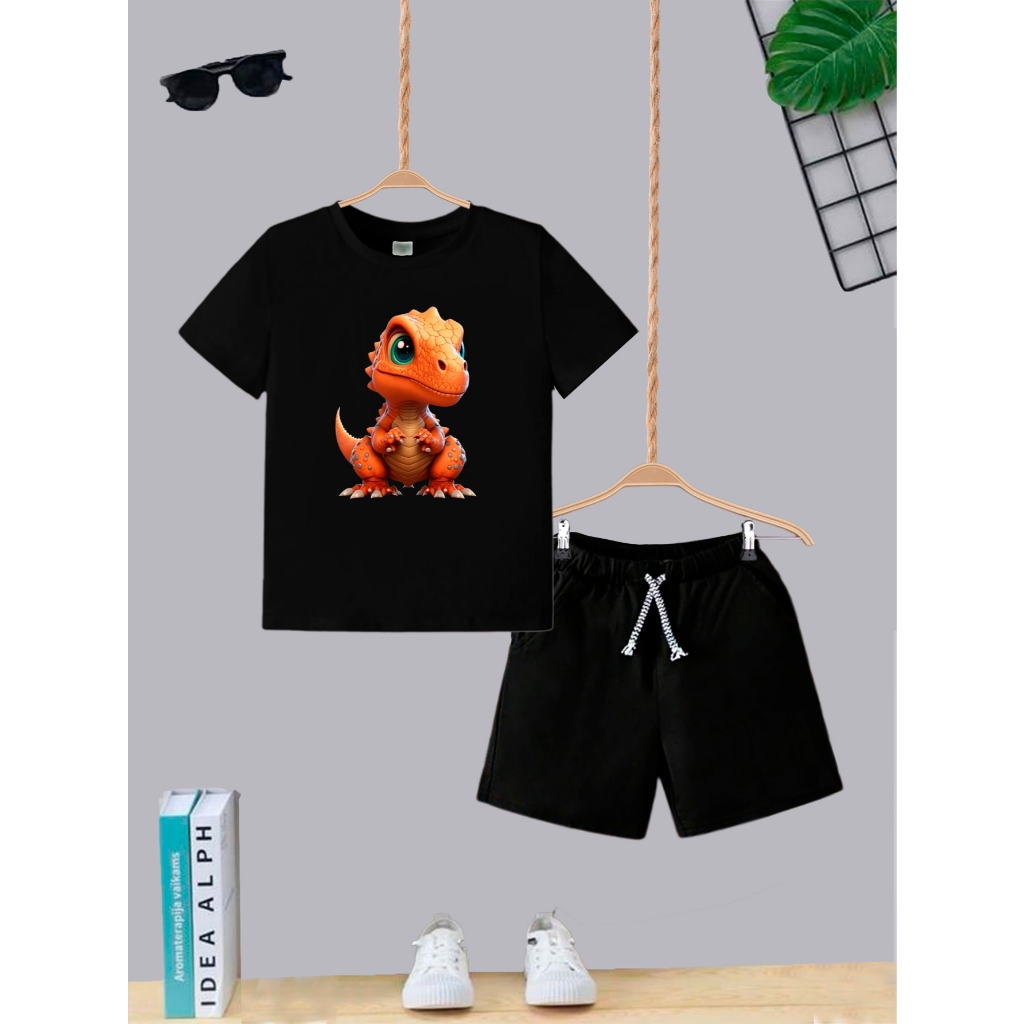 Kit Conjunto Infantil menino Short e Camiseta Estampas Dinossauro Novo Passeio