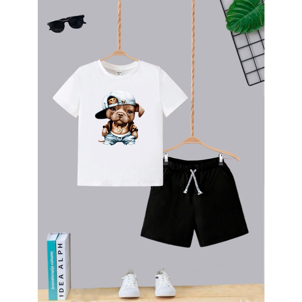 Kit Conjunto Infantil Short Com Bolso e Camiseta Algodão Dog Boné de Lado Teen Kids