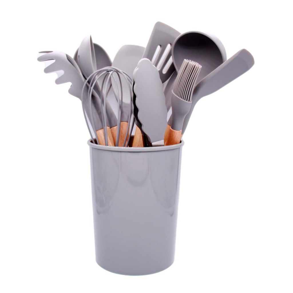Kit C/12 Peças Utensílios De Cozinha Colheres Espatula Silicone Cabo Madeira Decoração Livre BPA
