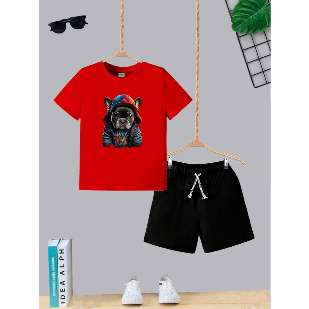 Kit Camiseta + Short com Bolso Conjunto Juvenil Infantil Algodão Confortável Dog Boné Color Roupa