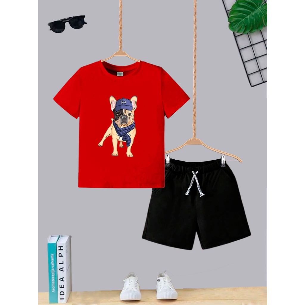 Kit Camiseta + Short com Bolso Conjunto Juvenil Infantil Algodão Confortável Bull Dog Estiloso Roupa