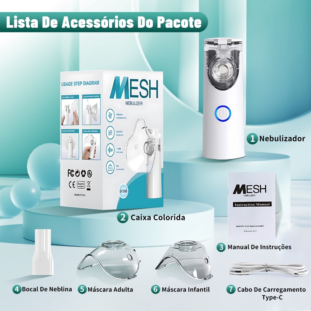 Nebulizador para Asma em Casa e Viagem | Portátil Ultrassônico Silencioso Adulto Infantil | Kit com 2 Máscaras