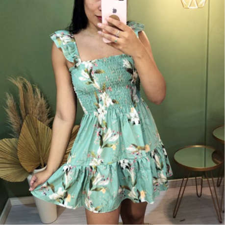 vestido alça curto babado floral elastec delicado em Oferta na Shopee
