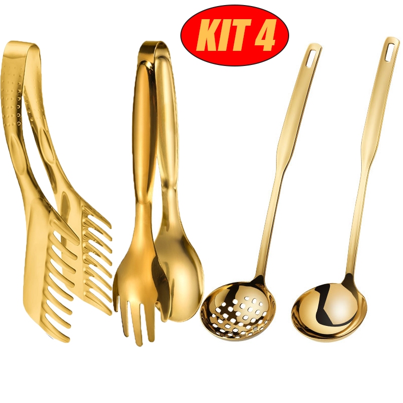Talheres Kit 4 De Aço Inox Servindo Utensílios Pinça para pão, pinça para bife, colher de ...