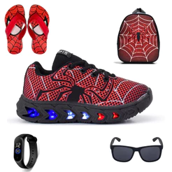 Tenis De Led Aranha Infantil Masculino Meninos + Mochila + Chinelo + Oculos + Relogio