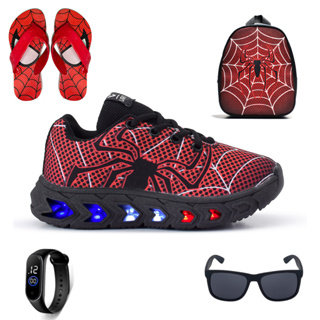 Tenis De Led Aranha Infantil Masculino Meninos + Mochila + Chinelo + Oculos + Relogio em Oferta na Shopee