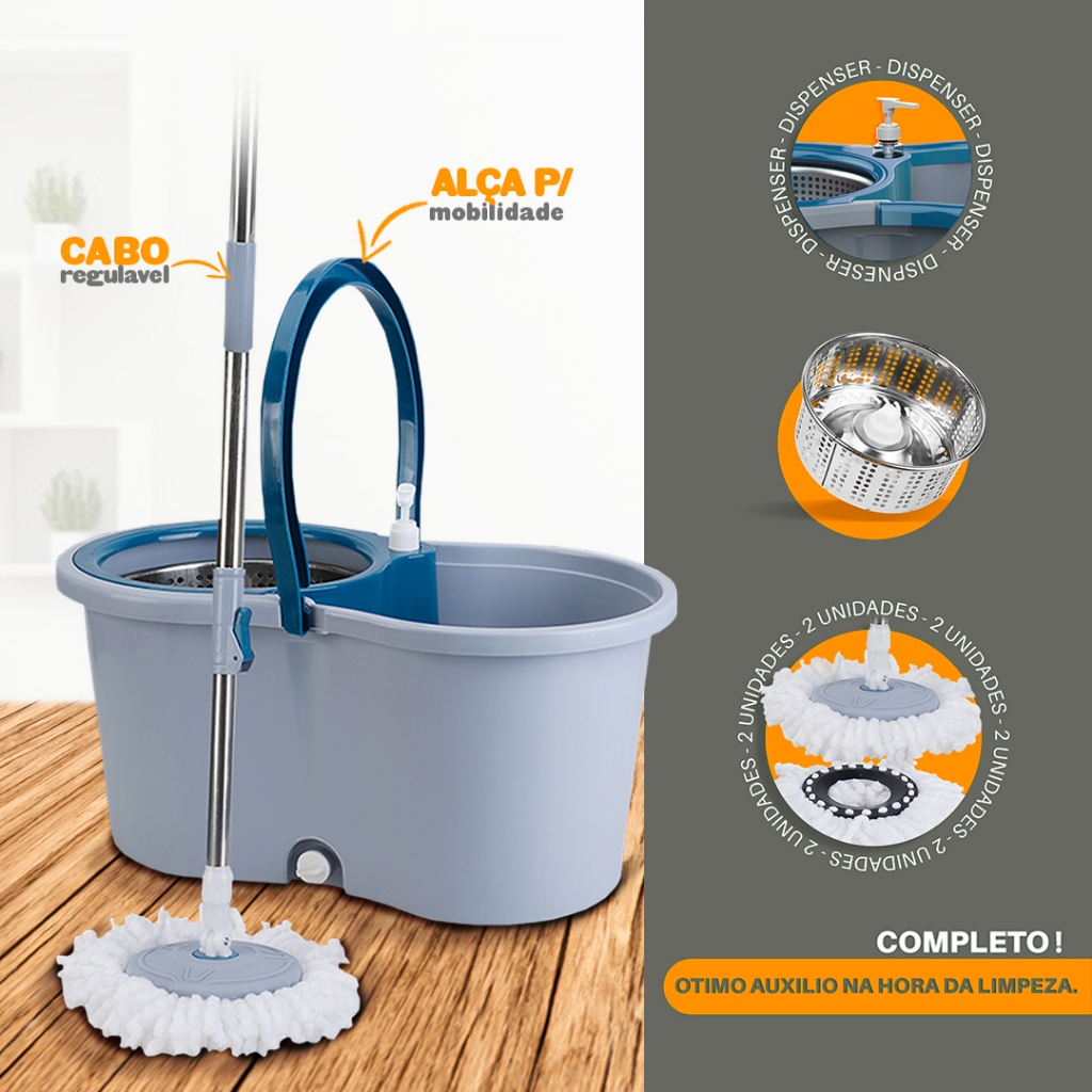Mop 14 Litros Cabo 140 Cm + 2 Refis  Com Cesto Em Inox  + Dispenser  e Rodas - Azul - Bhz Store em Oferta na Shopee