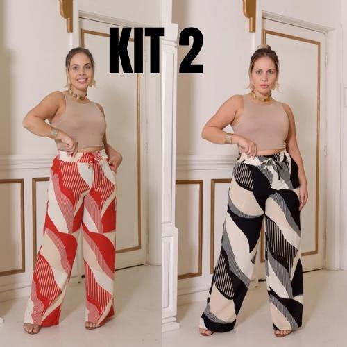 Kit 2 Calça Pantalona Feminina Cintura Alta com Elástico na Cintura com Bolso na Frente  Tecido Duna Estampado 2025