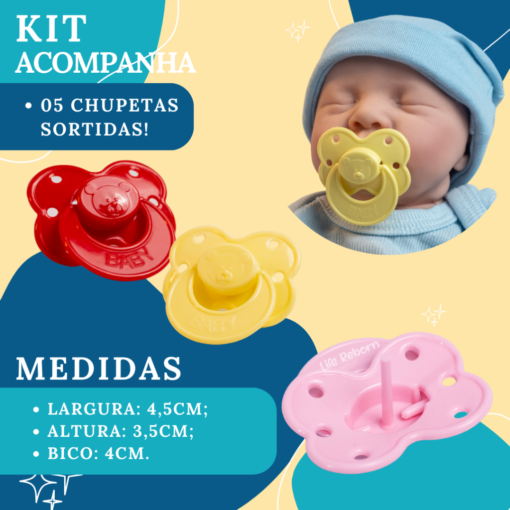 Chupetas para Boneca Bebê Reborn com furo na boca Kit com 5