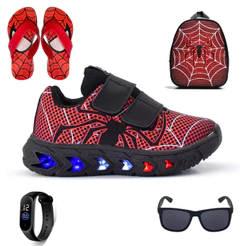 Tenis Masculino De Led Infantil Homem Aranha Super Heroi + Mochila + Chinelo + Oculos + Relogio