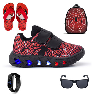 Tenis Masculino De Led Infantil Homem Aranha Super Heroi + Mochila + Chinelo + Oculos + Relogio em Oferta na Shopee