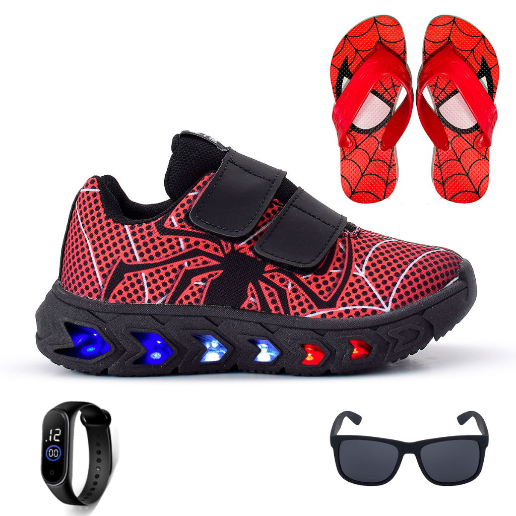 Tenis Masculino De Led Infantil Homem Aranha Super Heroi + Chinelo + Oculos + Relogio em Oferta na Shopee
