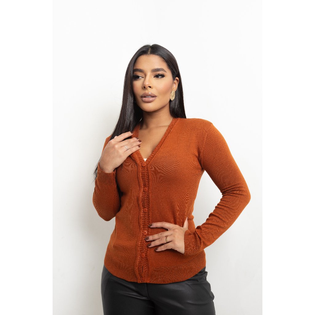 Casaquinho Básico Elastano Liso Tricot Inverno | Casaco Liso Botões Moda feminina Cardigan...