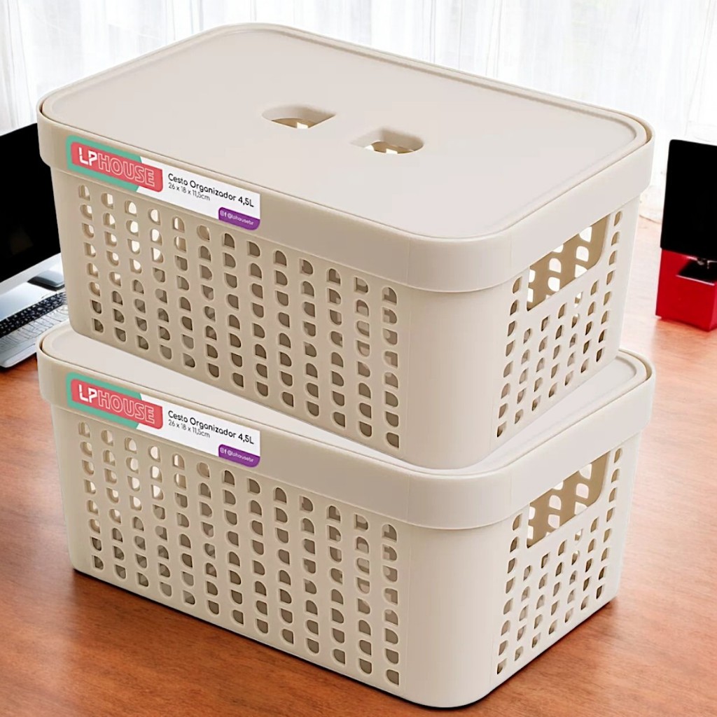 Kit 2 Caixas Organizadora com Tampa 4,5 Litros em Plástico Resistente Multiuso Para Banhei...