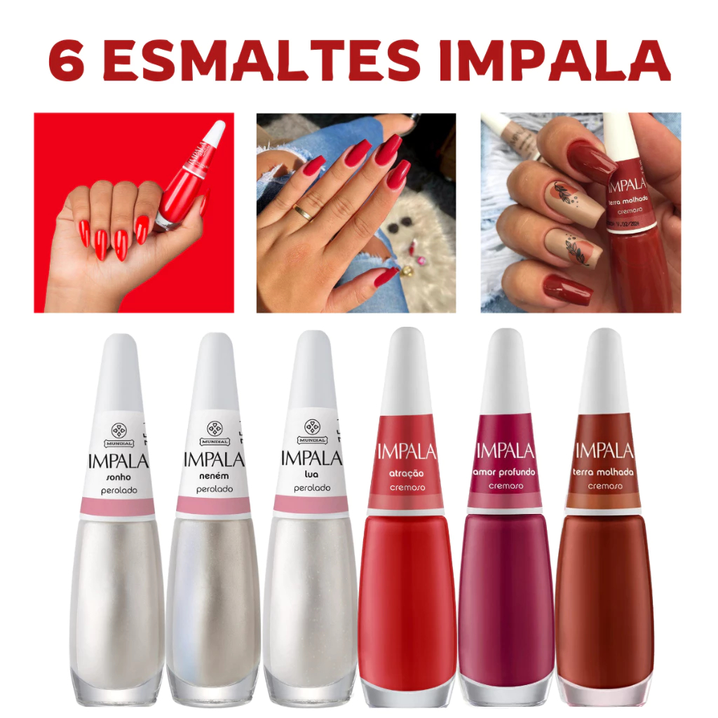 Kit de Esmaltes Impala Coleção Vermelhos e Brancos Madrinha Cores Mais Vendidas Cremosos