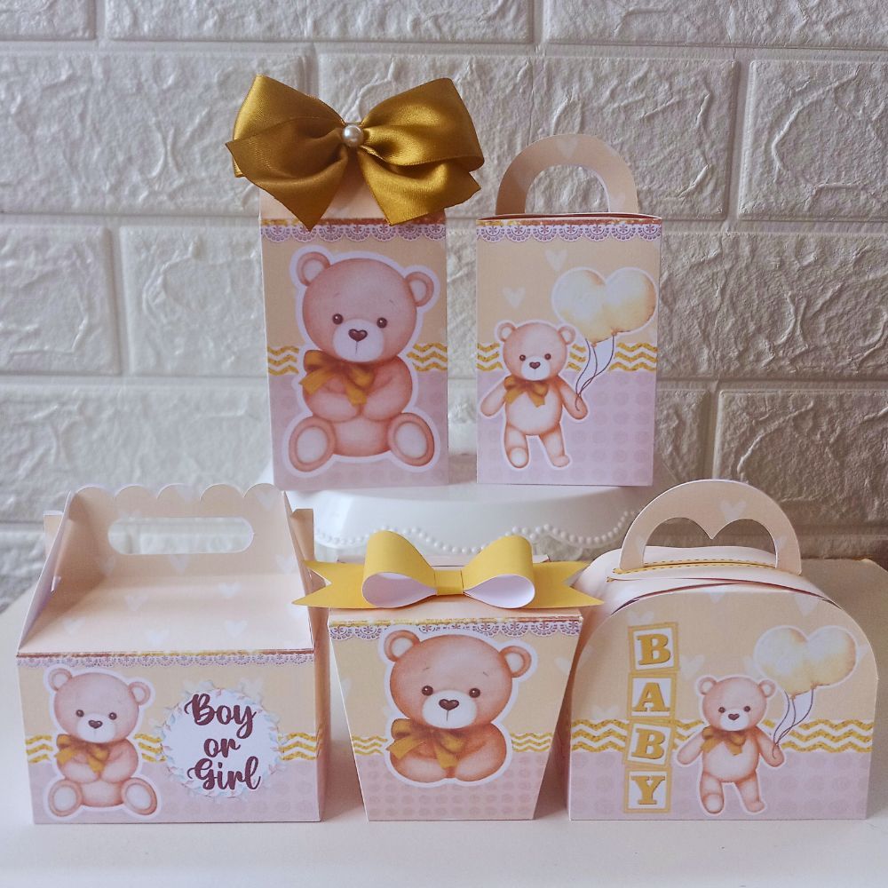 PEGUE E MONTE - Kit caixas Personalizadas CHÁ REVELAÇÃO URSINHO DOURADO Lembrancinhas mimos personalizados para Festa