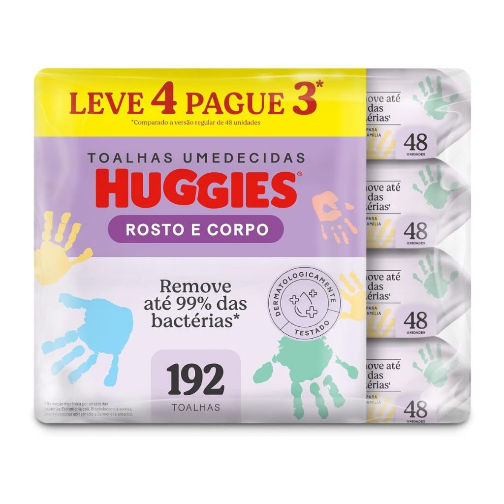 Lenço Umedecido Infantil Huggies Rosto E Corpo Leve 4 Pague 3 Pacotes Com 48 Unidades