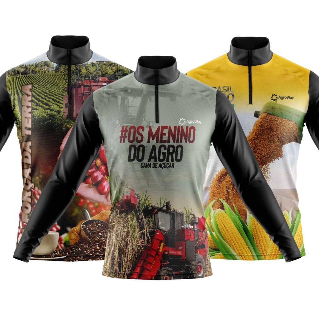 Kit 3 Camiseta Camisa Agro Manga Longa Zíper Trator Colheita Milharal Trabalho Rural Máquinas Agrícolas Produção Gado