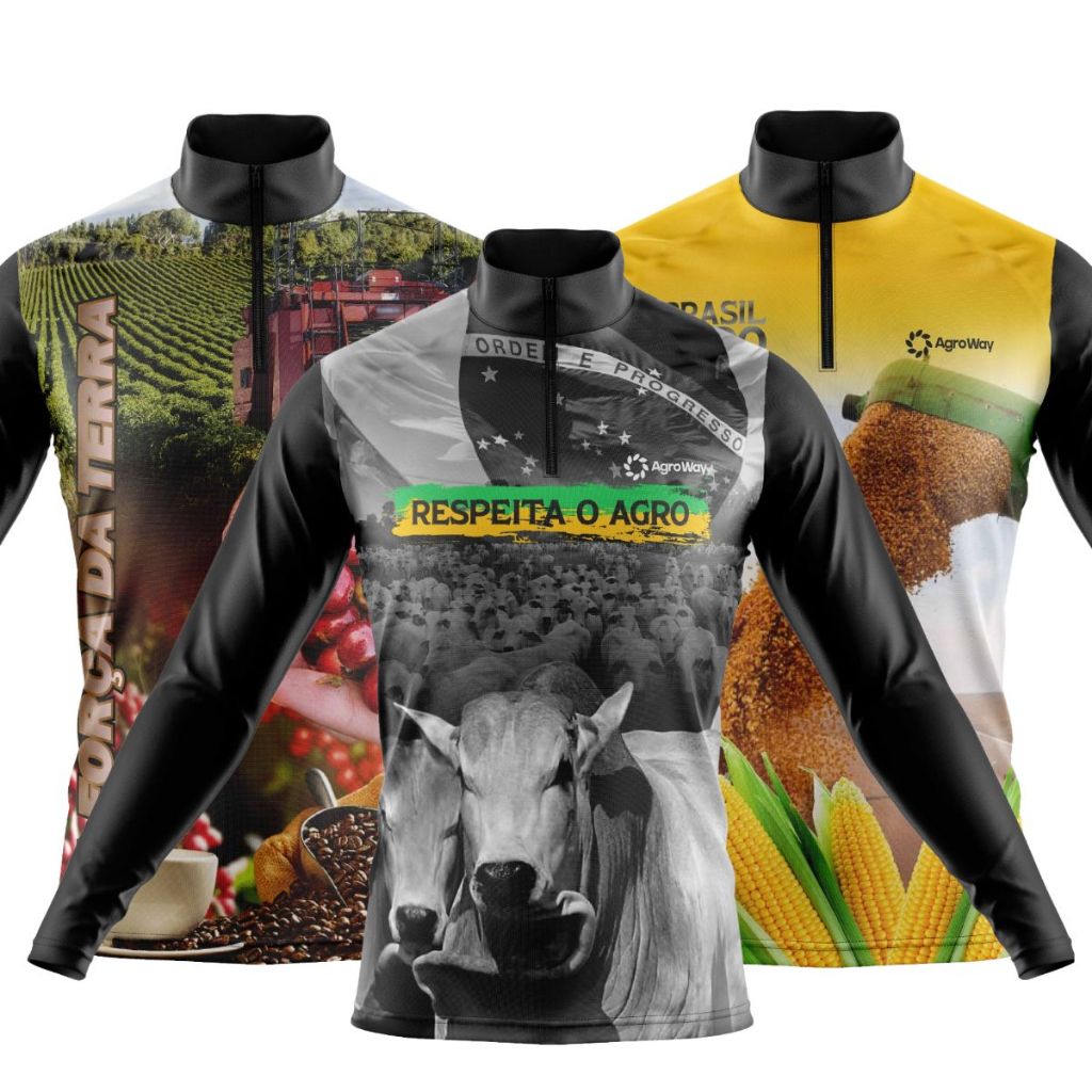 Kit 3 Camiseta Camisa Agro Manga Longa Zíper Moda Rural Estampa Agro Fazenda Plantação Produção Rural Colheitadeira Boi