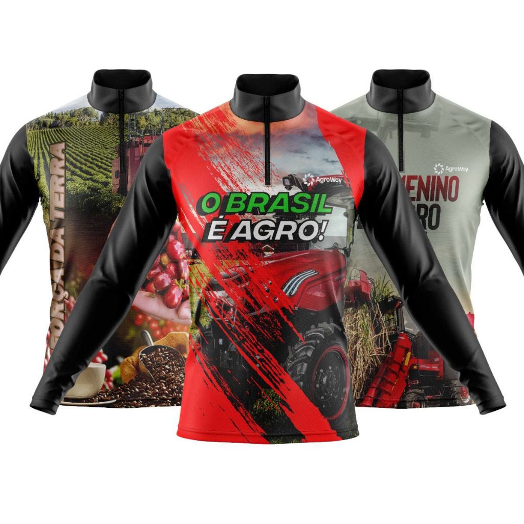 Kit 3 Camiseta Camisa Agro Manga Longa Zíper Plantação Cana Açúcar Colheita Café Milharal Colheitadeira Trator Agrícola