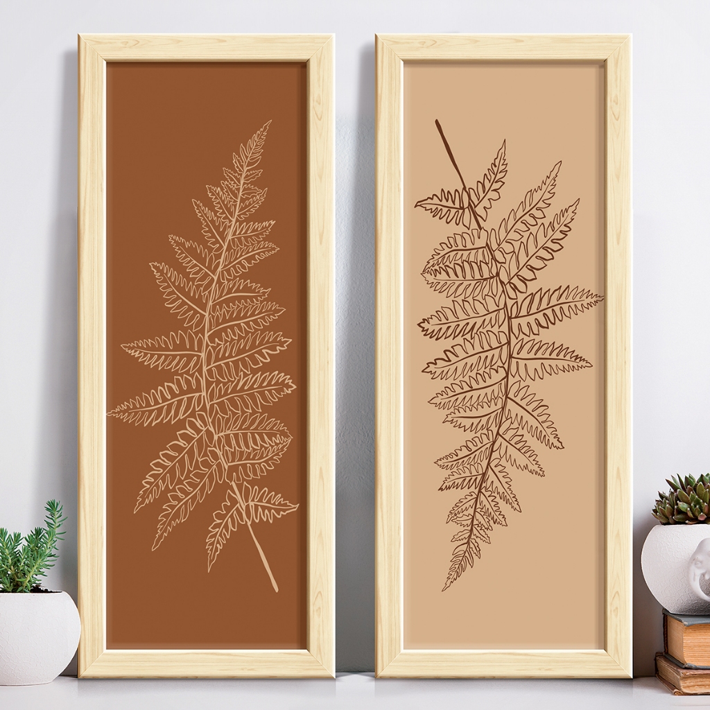 Kit 2 Quadros Decorativos Composição Com Moldura Terracota Folhas Minimalista Banheiro Cozinha Sala
