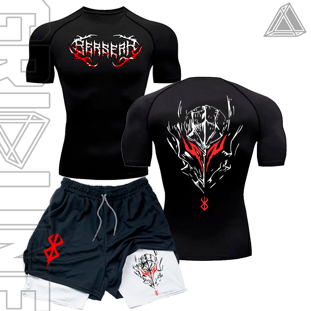 Kit Camiseta Compressão e Short compressão 2 Em 1 Anime Manga Bersek Cavaleiro Designer Gym Dark Mode