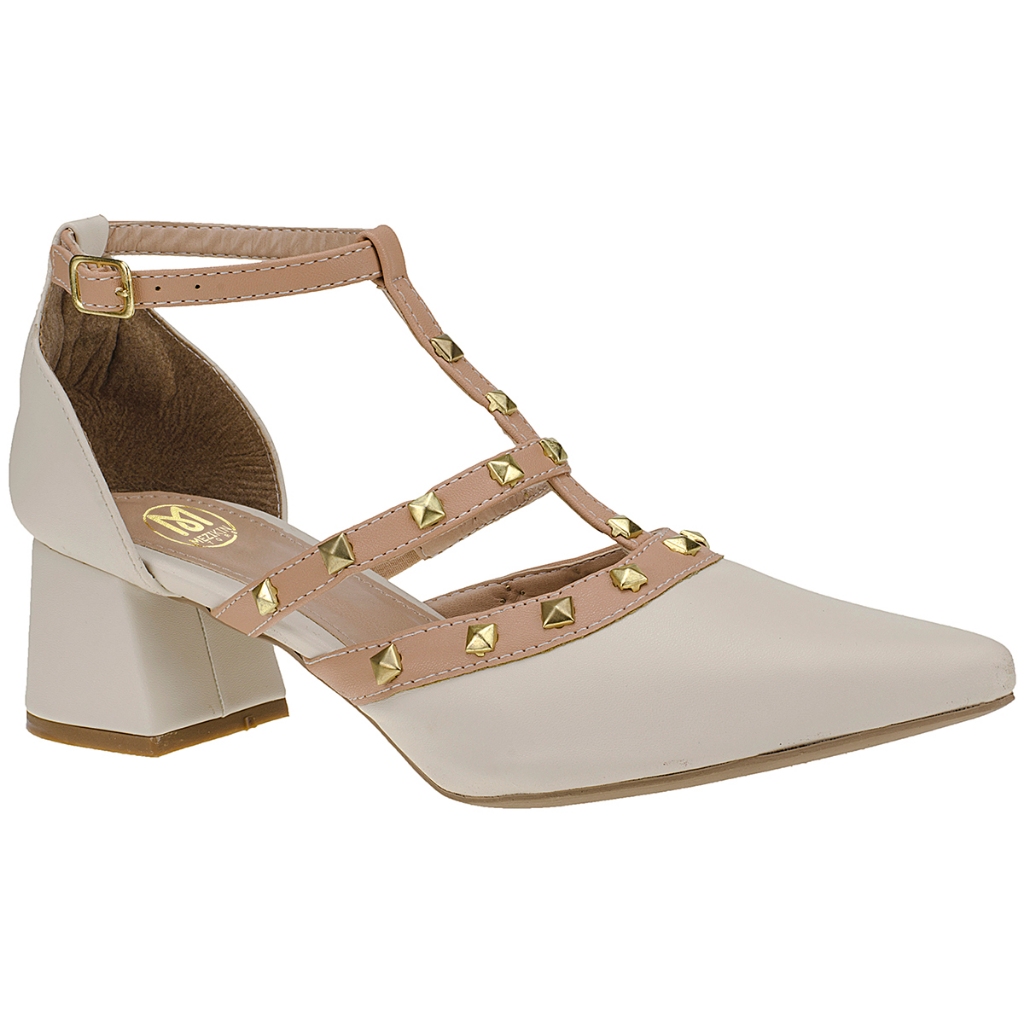 Scarpin Sapato Feminino Fechado Bico Fino Fivela Detalhes Dourado Salto Grosso 005