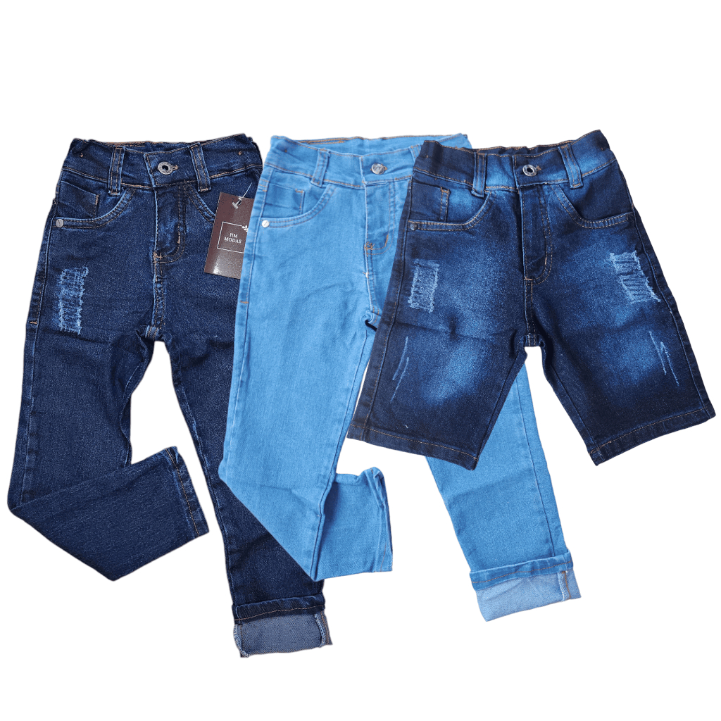 Kit 2 Calças + Bermuda Jeans Infantil Menino Elastano 1 ao 10 anos Masculina