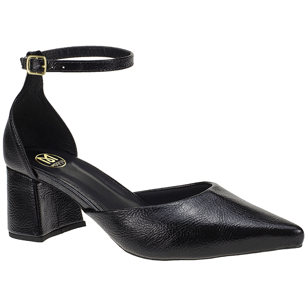 Sapato Feminino Scarpin Liso Verniz Salto Medio Grosso Tira Fivela Bico Fino 0002