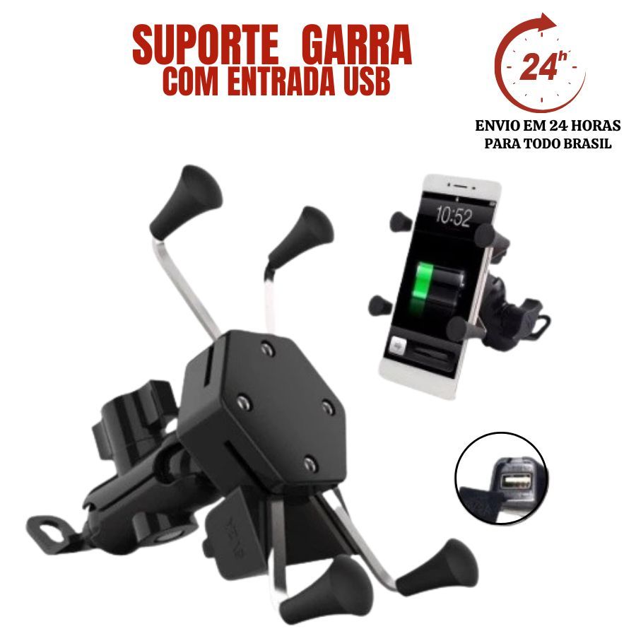 Suporte Moto  Garra Para Celular Universal Com Carregador Usb Rapido e chave interruptor