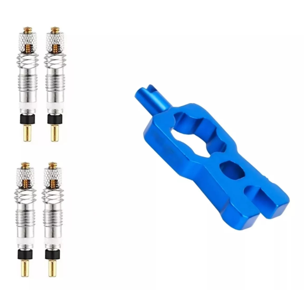 Kit Chave Pedal Pulse Válvula Presta E Schrader Bico Grosso E Bico Fino Para Câmara Tubeless + 4 Núcleos Bike Bicicleta