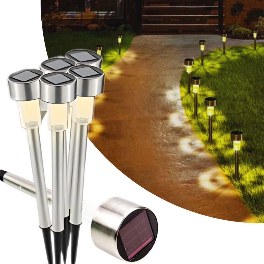 KIT 10-40 Luminaria Solar Balizador Espeto Led Chão Prata Decoração Jardim Quintal Luz Quente Frio RGB UF UNIFY