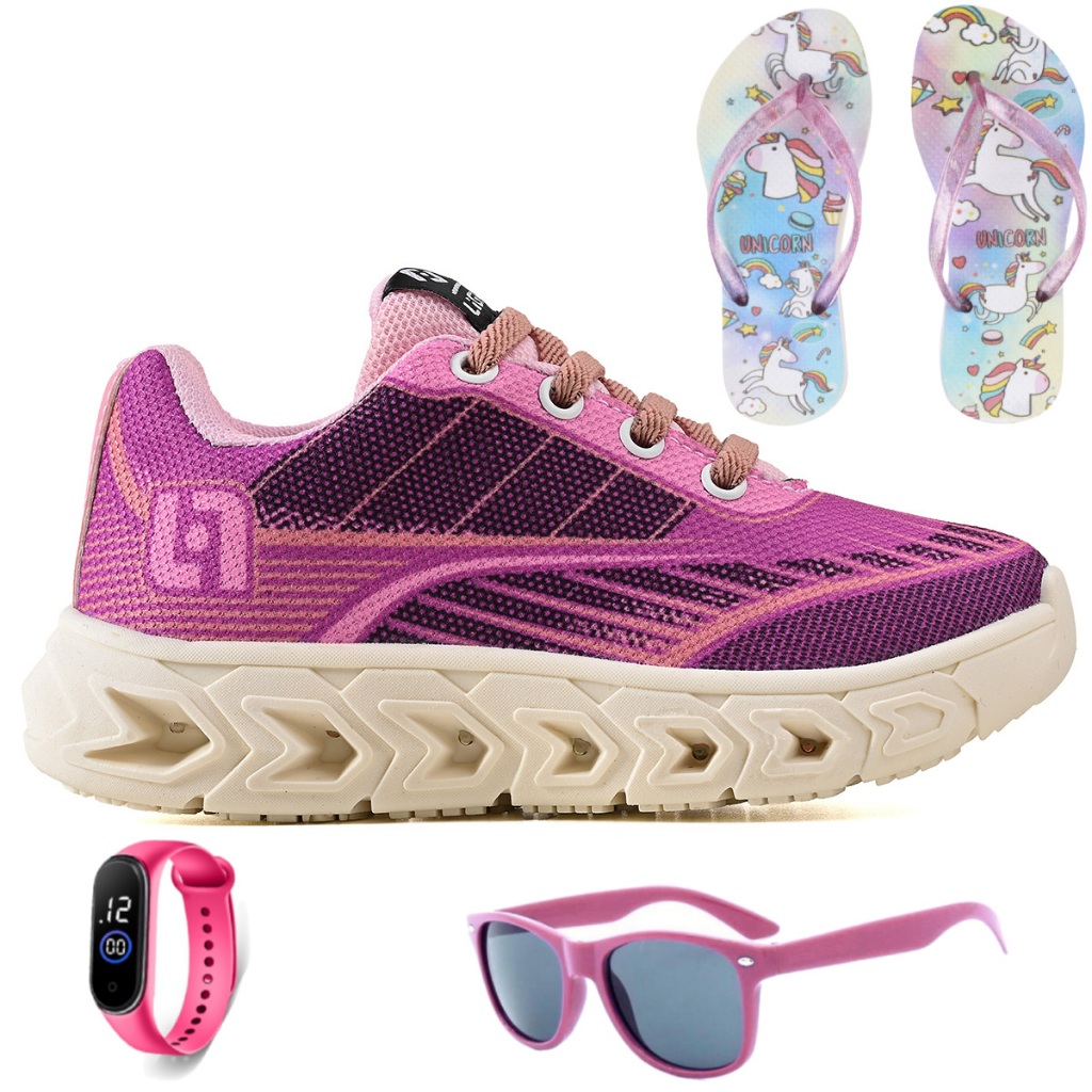 Tenis Infantil Meninas Escolar Casual Calce Facil LIGHT + Chinelo + Oculos + Relogio em Oferta na Shopee
