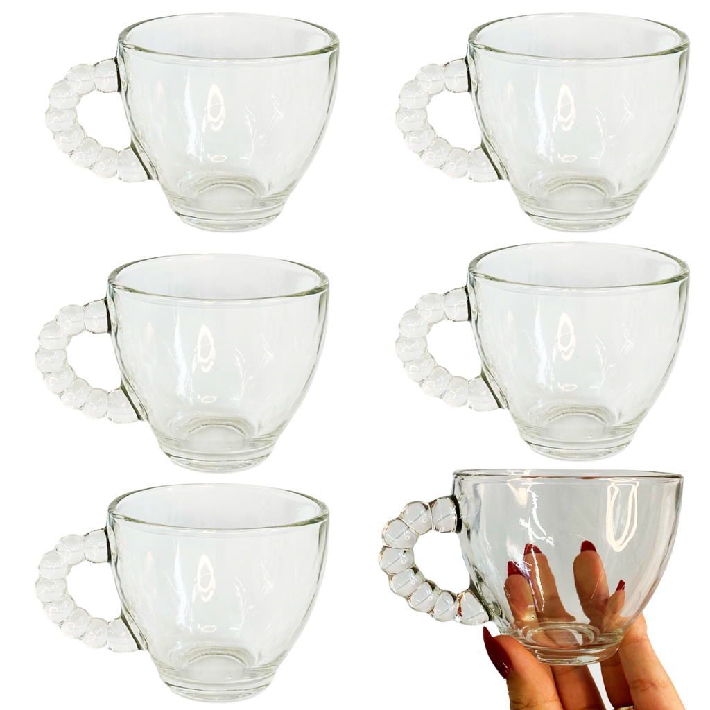 Jogo Xícara Café Chá 06 Peças 220 ml Vidro, Bubbly  Redonda Com Alça Trabalhada Tranparente