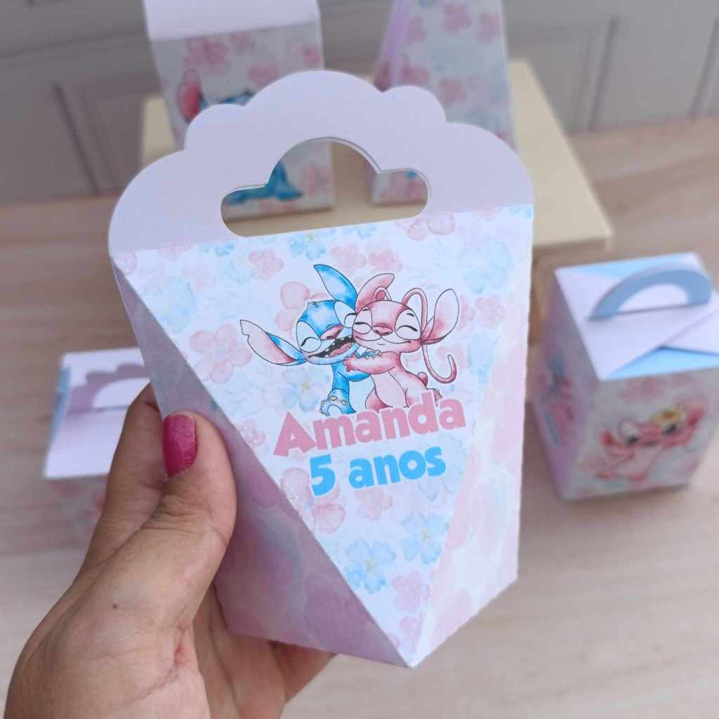 Caixinha personalizada lembrancinha para festa infantil tema Stitch e Angel personalizado para festa