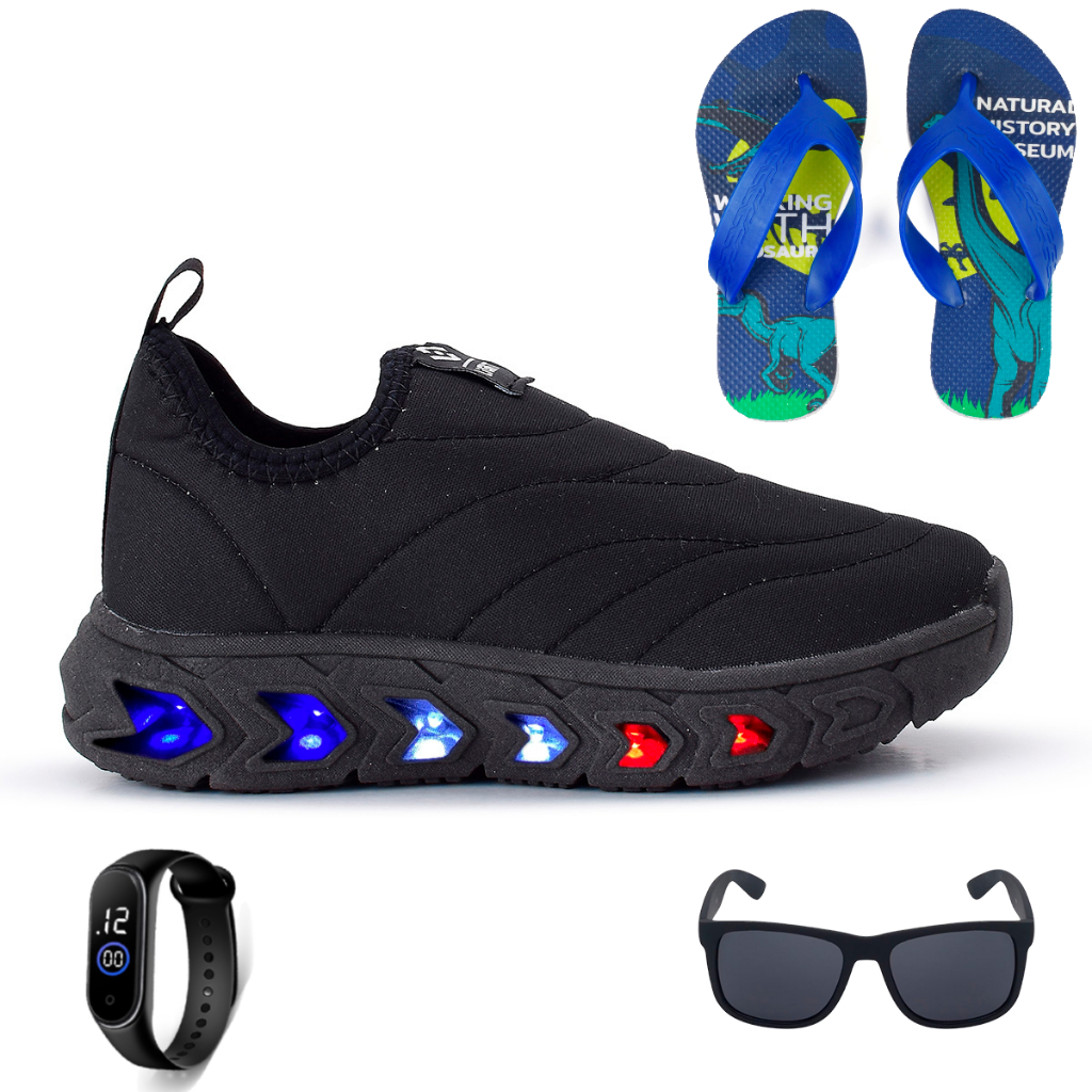 Tenis Infantil de Led Menino e Menina Calce Facil Preto + Chinelo + Óculos e Relógio em Oferta na Shopee