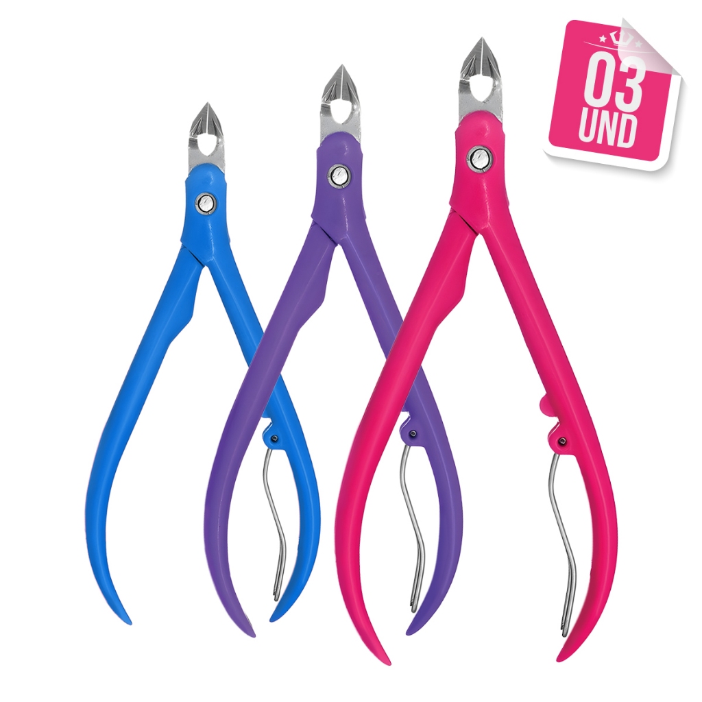 Kit 3 Alicate De Unha Lâminas Em Aço Manicure Cutícula Instrumento Colorido Cabo Plástico Econômico
