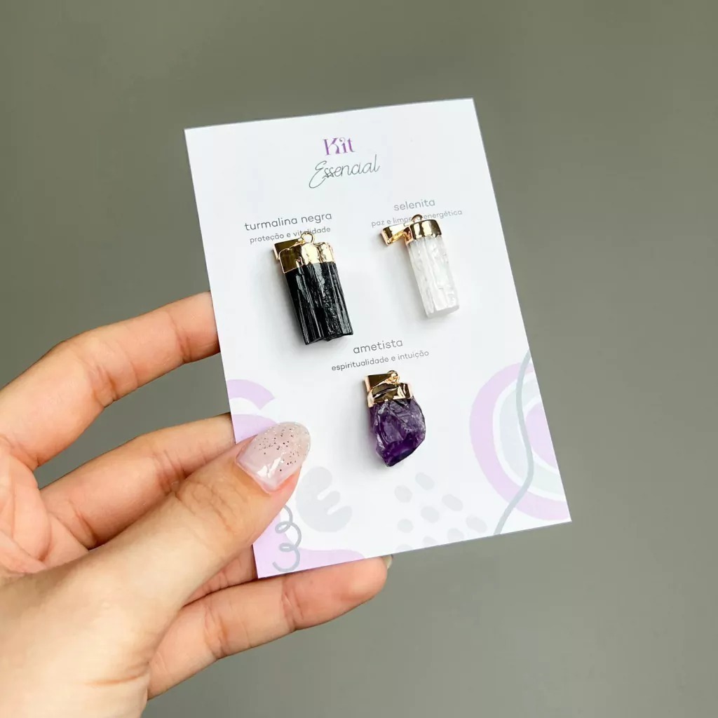 Kit Pingentes Essencial - Ametista, Selenita e Turmalina Negra.