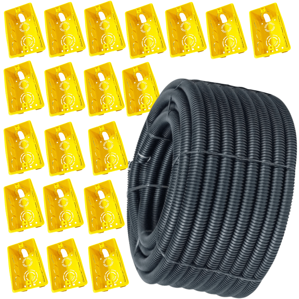 Kit Conduite Eletroduto Corrugado 50m + 20 Caixinhas Luz 4x2 ou 50 Caixa De Tomada 2x4 Reforçada